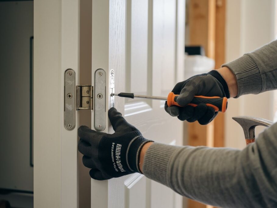 Detal zawiasów drzwi podczas regulacji