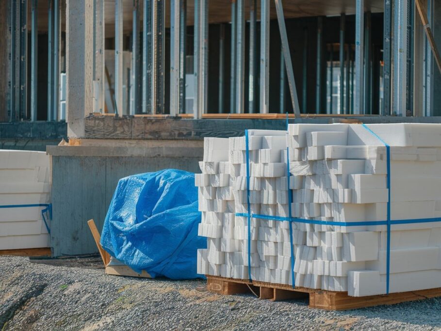 Układanie styroduru przy ławie fundamentowej